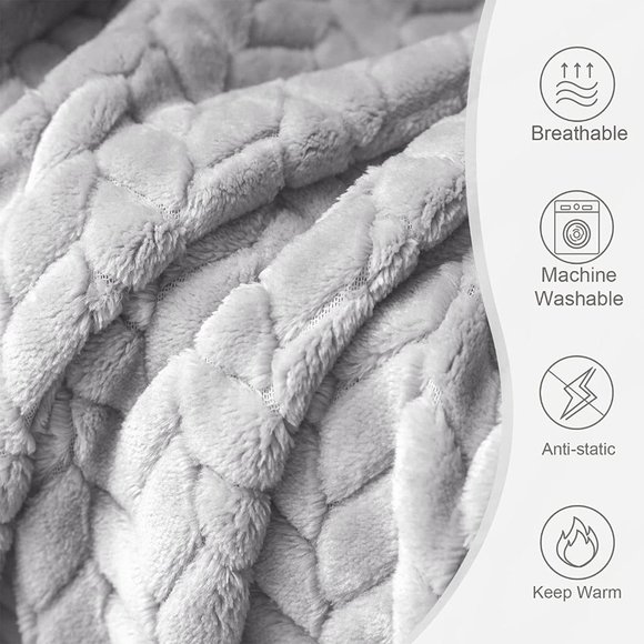 Light Grey Knit Jacquard Weave Pattern Decorative Warm Flannel Bed/Sofa Blanket - Picture 4 of 16